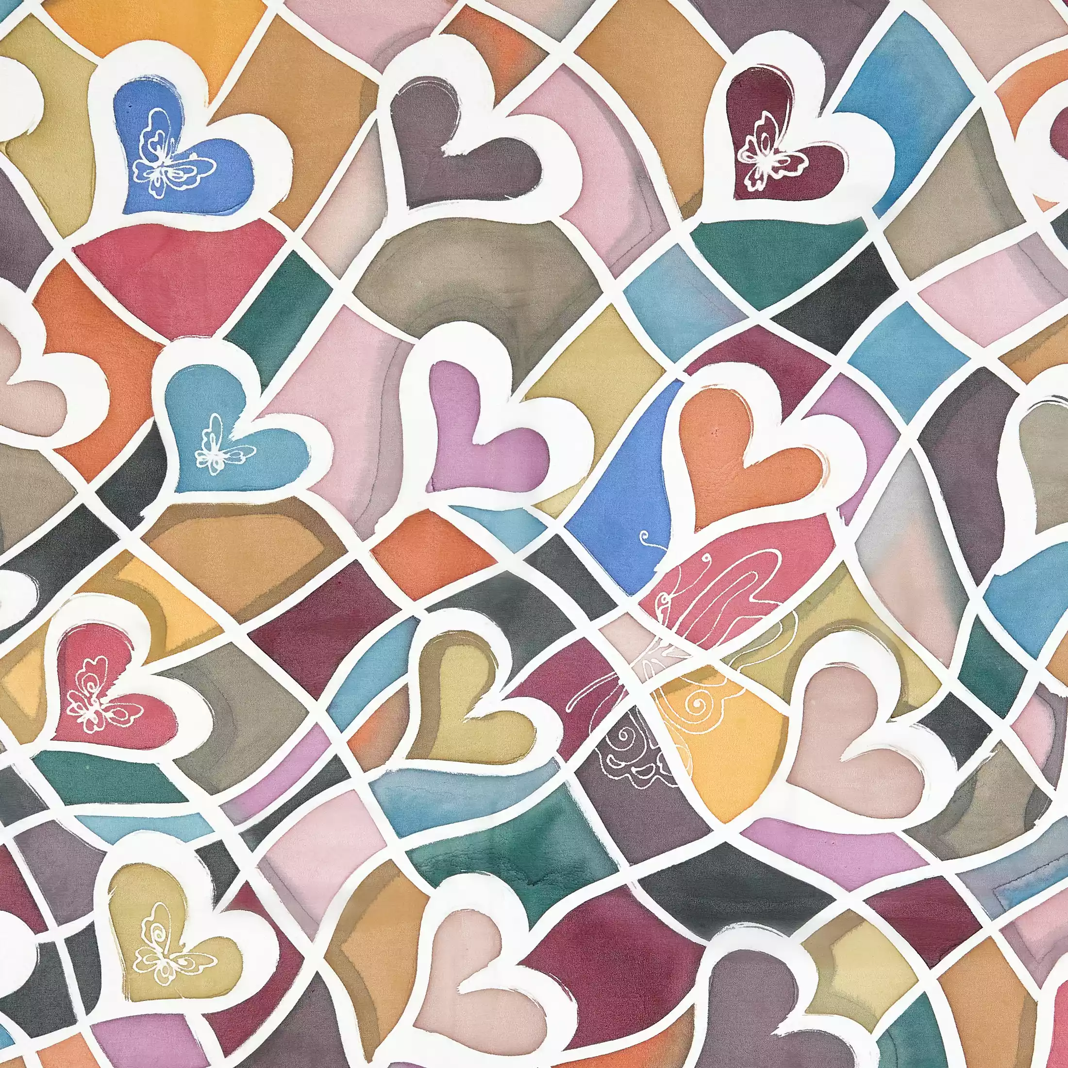 Un dettaglio del dipinto sul foulard da donne in seta dipinta a mano "hearts and cheques" di Fosca's Batik