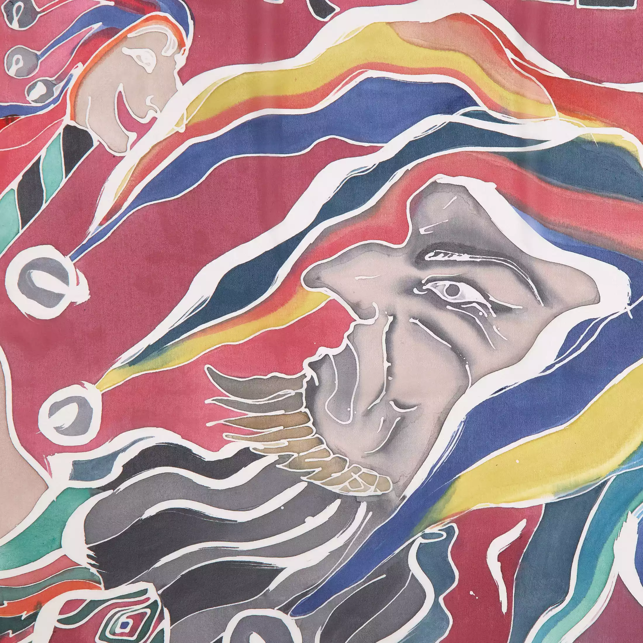Un dettaglio su Rigoletto, dipinto sul foulard da donna in seta dipinta a mano "Opera" di Fosca's Batik