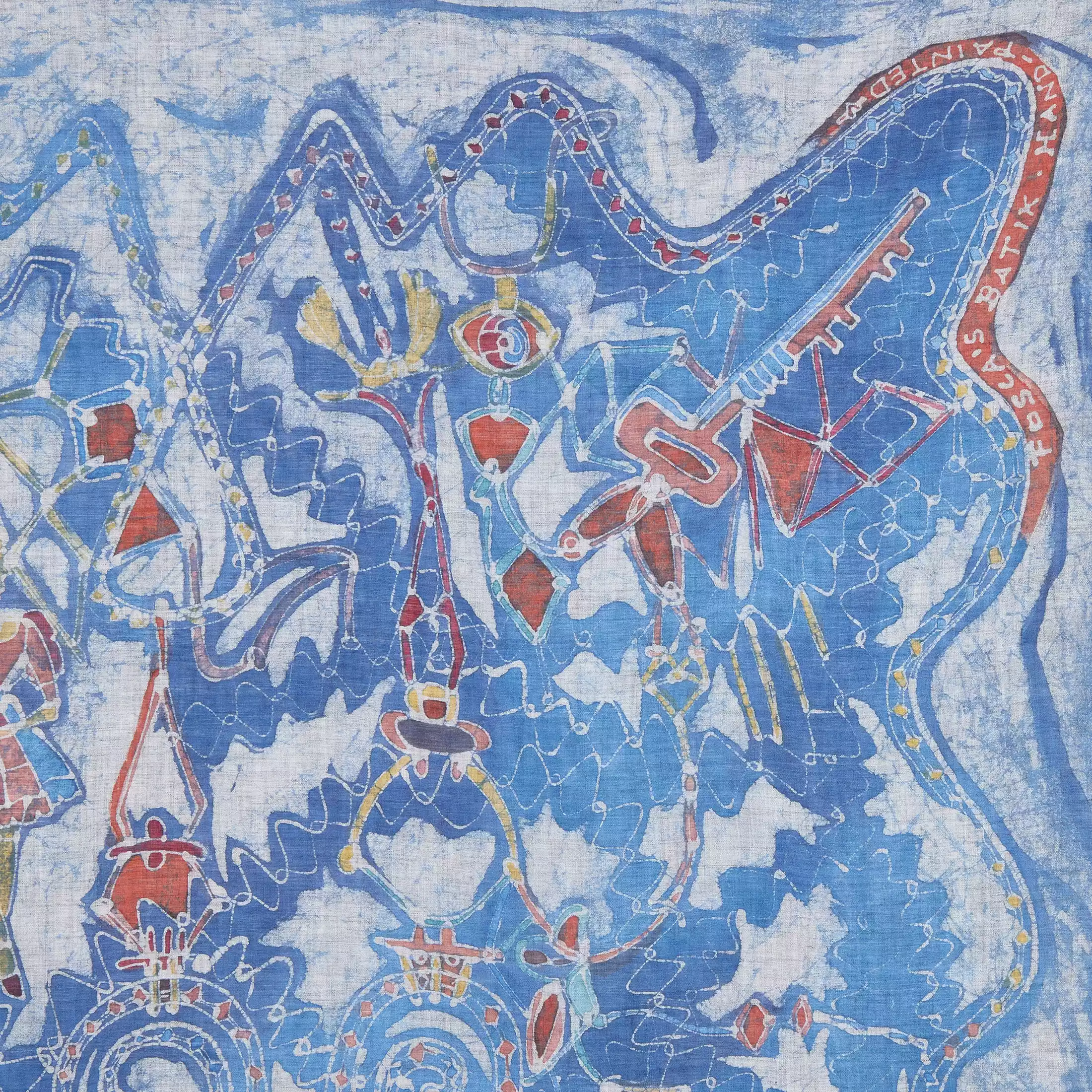 Un dettaglio sul dipinto della sciarpa in cotone dipinto a mano "Equilibrismi" di Fosca's Batik.