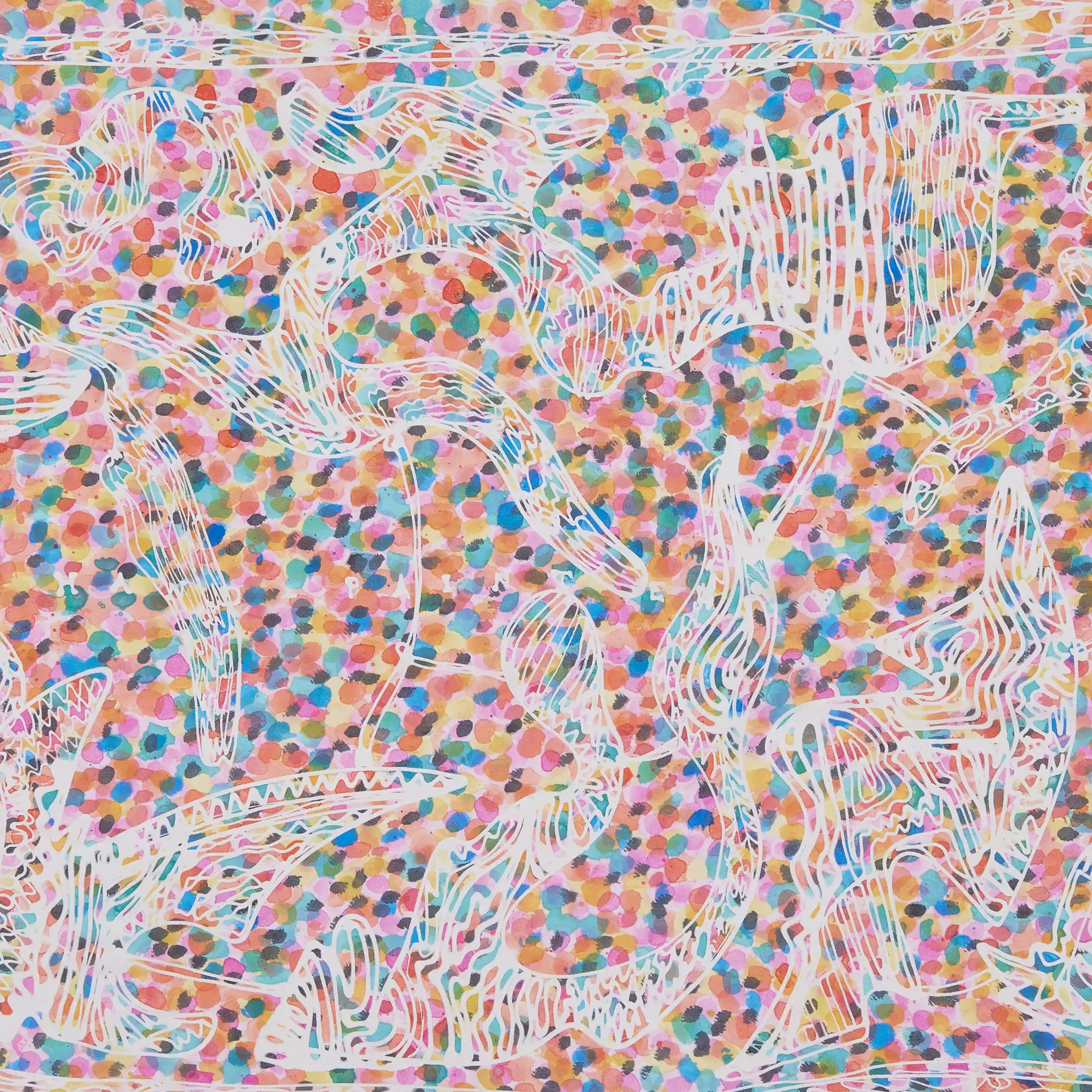 Un dettaglio del dipinto sulla stola da donna in seta dipinta a mano "Carnival" di Fosca's Batik