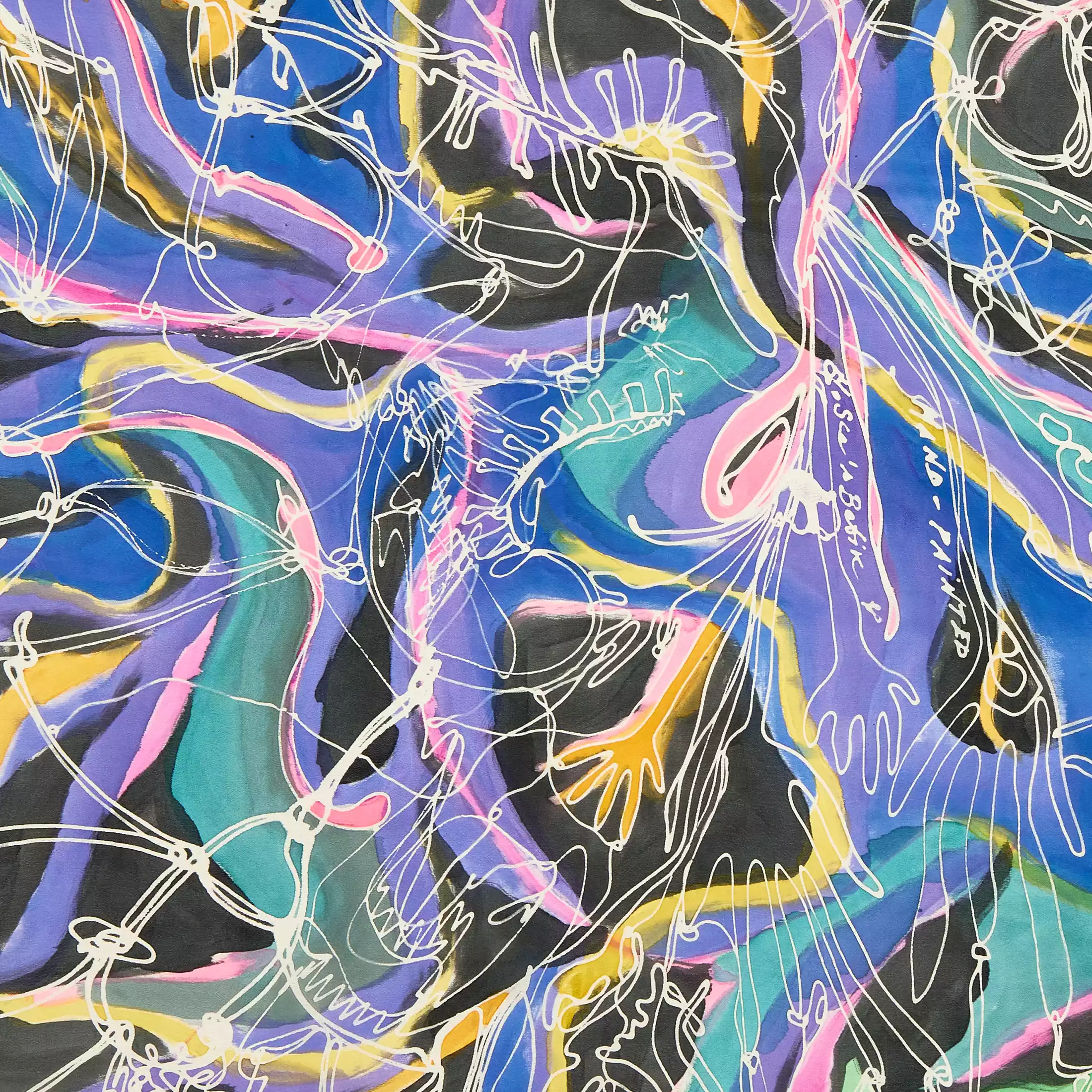 Un dettaglio della stola da donna in seta dipinta a mano "Surrealismi" di Fosca's Batik