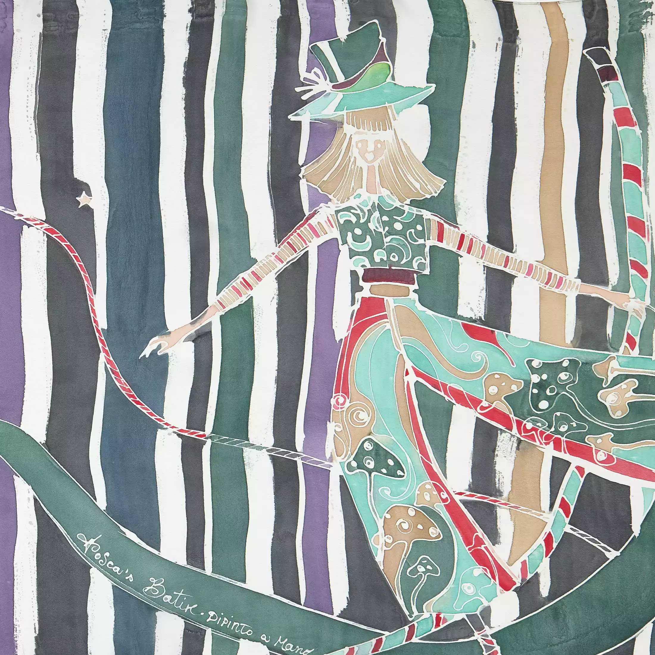 Un dettaglio della stola da donna in seta dipinta a mano "Circus characters" di Fosca's Batik